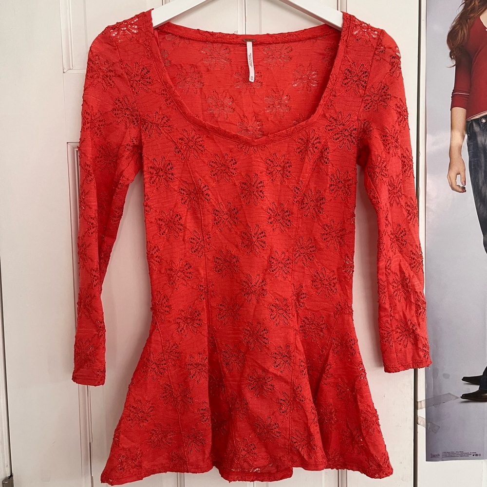 Free People Red Peplum 3/4 Sleeve Blouse